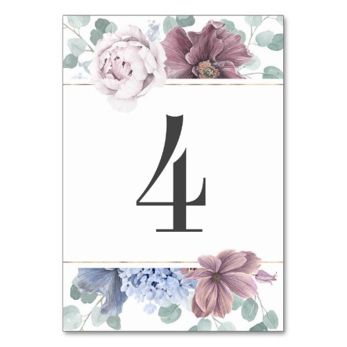 Mauve and Dusty Blue Floral Wedding Table Number