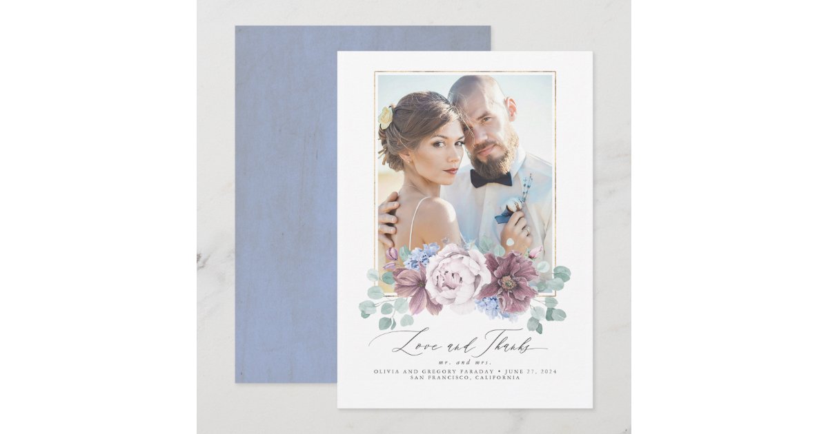 Mauve and Dusty Blue Floral Wedding Thank You Card | Zazzle