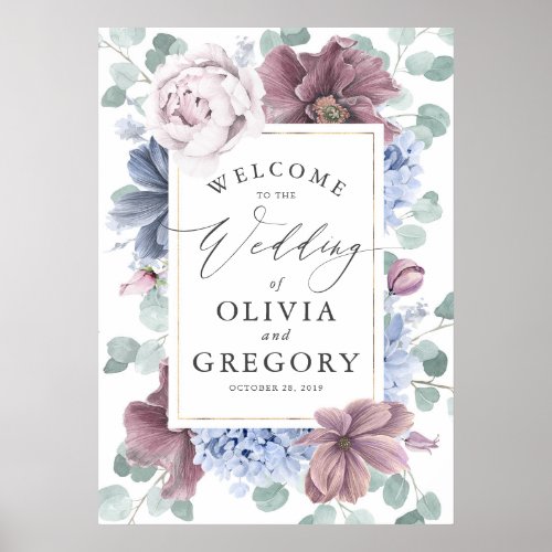 Mauve and Dusty Blue Floral Wreath Wedding Welcome Poster