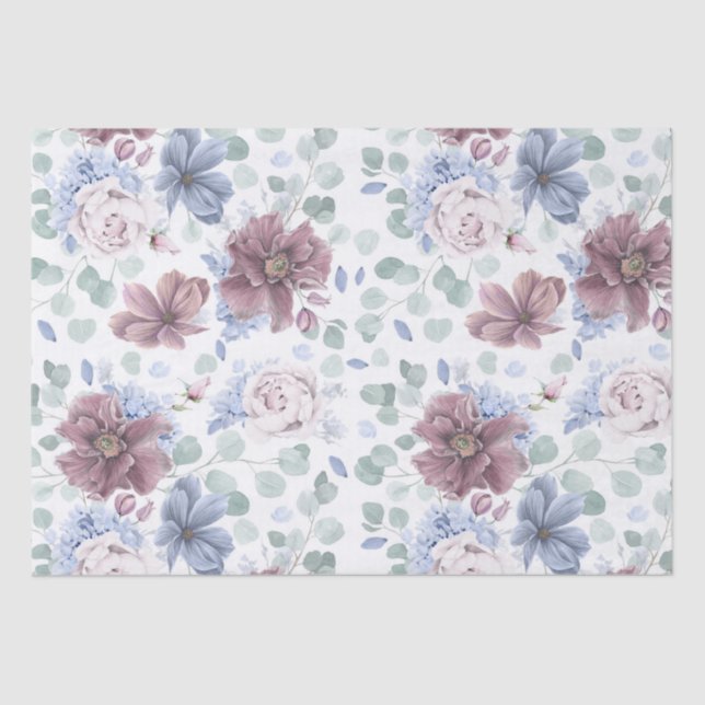 Mauve and Dusty Blue Flowers Botanical Elegant Tissue Paper (Front)