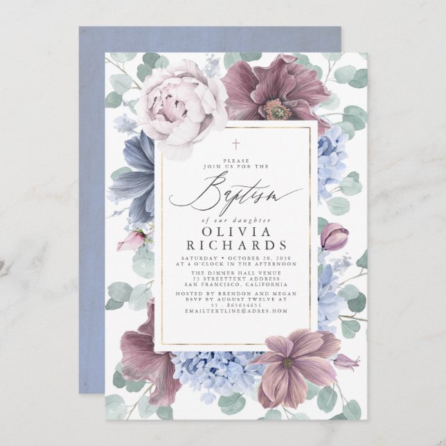 Mauve and Dusty Blue Flowers Elegant Baptism Invitation (Front/Back)