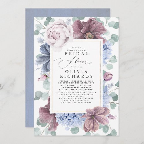 Mauve and Dusty Blue Flowers Elegant Bridal Shower Invitation