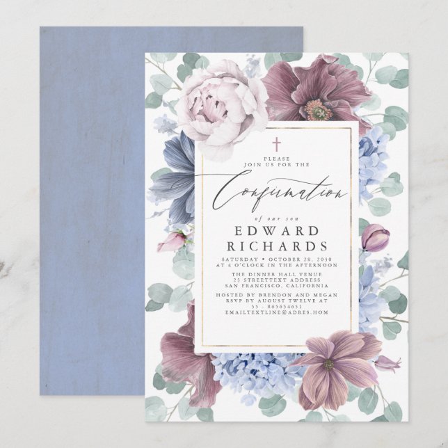 Mauve and Dusty Blue Flowers Elegant Confirmation Invitation (Front/Back)