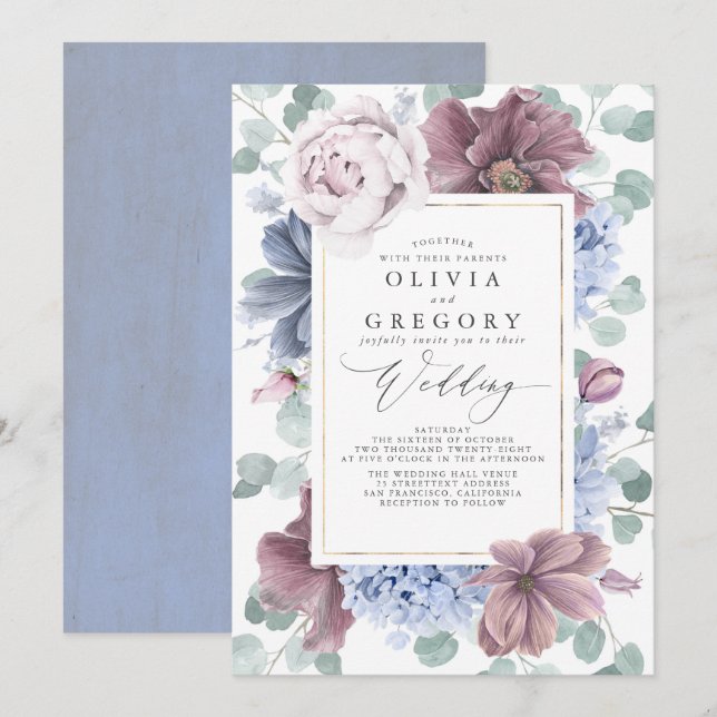 Mauve and Dusty Blue Flowers Elegant Wedding Invitation (Front/Back)