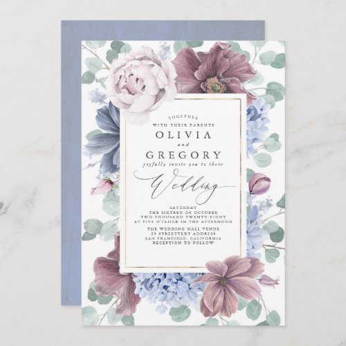 Mauve and Dusty Blue Flowers Elegant Wedding Invitation
