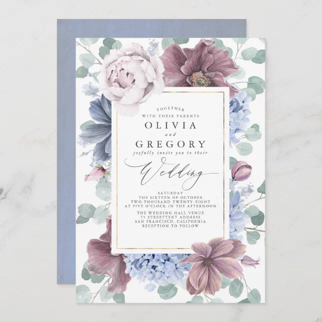 Mauve and Dusty Blue Flowers Elegant Wedding Invitation | Zazzle