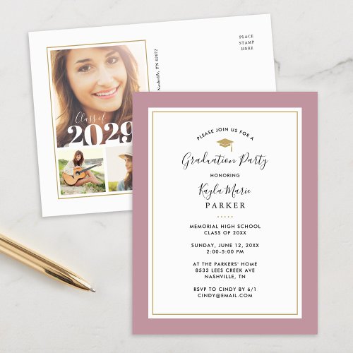 Mauve and Gold 3 Photo Graduation Party Invitation