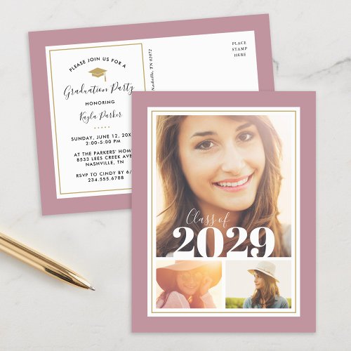 Mauve and Gold 3 Photo Graduation Party Invitation