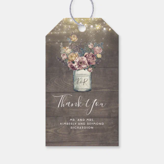 Mauve and Gold Floral Mason Jar Rustic Wedding Gift Tags | Zazzle