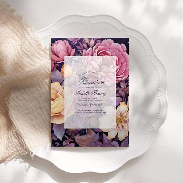 Mauve and Gold Floral Quinceañera Invitation (Mauve and Gold Floral Quinceañera Invitation)
