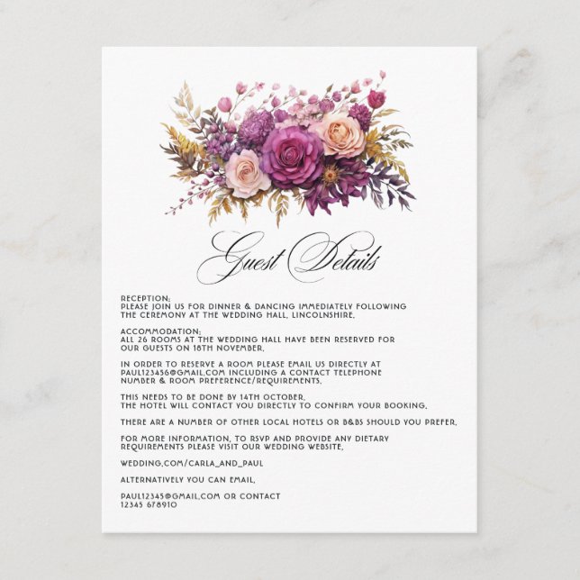 Mauve and Gold Floral Wedding Guest Details Enclosure Card (Front)
