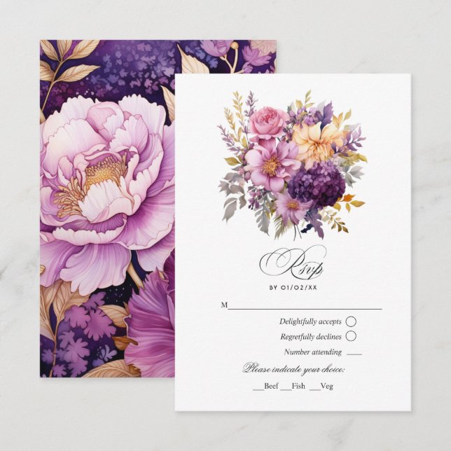 Mauve and Gold Floral Wedding RSVP Card (Front/Back)