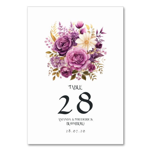 Mauve and Gold Floral Wedding Table Number (Front)