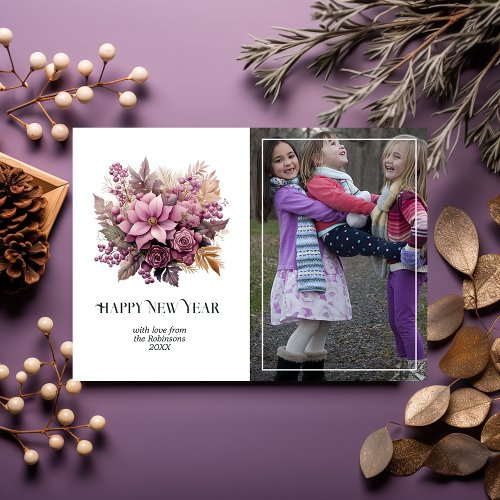 Mauve and Gold Holly and Ivy New Years Holiday Card