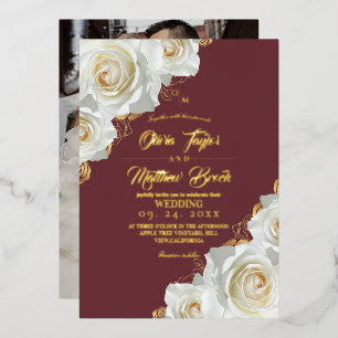 Mauve and Gold Roses Floral Wedding Foil Invitation