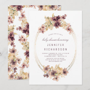 Mauve and Gold Vintage Floral Baby Shower Invitation