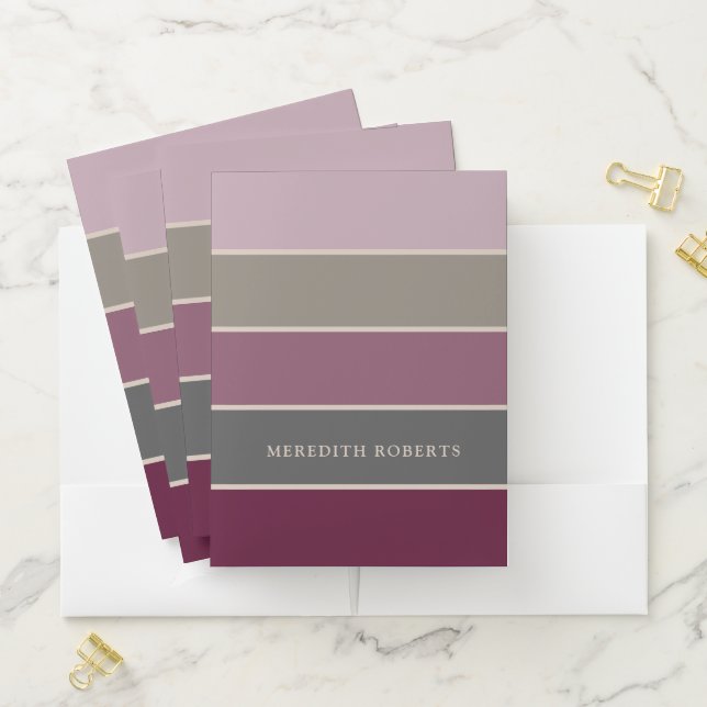 Mauve and Green Dramatic Wide Stripes Personalized Pocket Folder (In Situ)