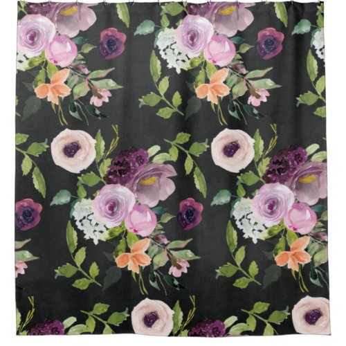 Mauve and Lilac Floral Pattern on Black Shower Curtain