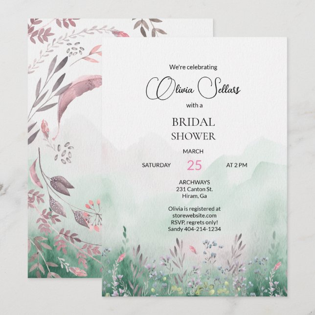 Mauve and Mint Meadow Bridal Shower Invitation (Front/Back)
