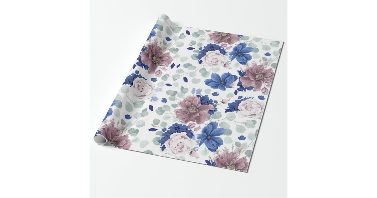 Mauve and Navy Blue Botanical Floral Elegant Wrapping Paper | Zazzle