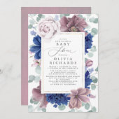 Mauve and Navy Blue Floral Baby Shower Invitation (Front/Back)