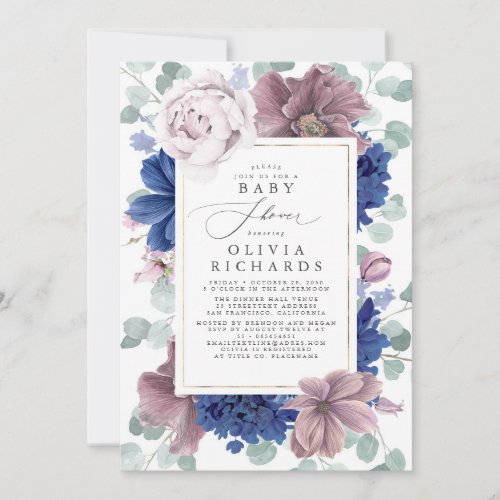 Mauve and Navy Blue Floral Baby Shower Invitation