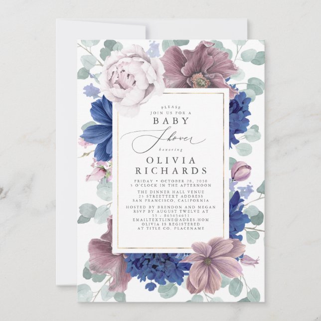 Mauve and Navy Blue Floral Baby Shower Invitation (Front)