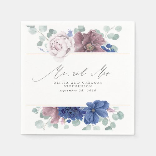 Mauve and Navy Blue Floral Botanical Mr and Mrs Napkins