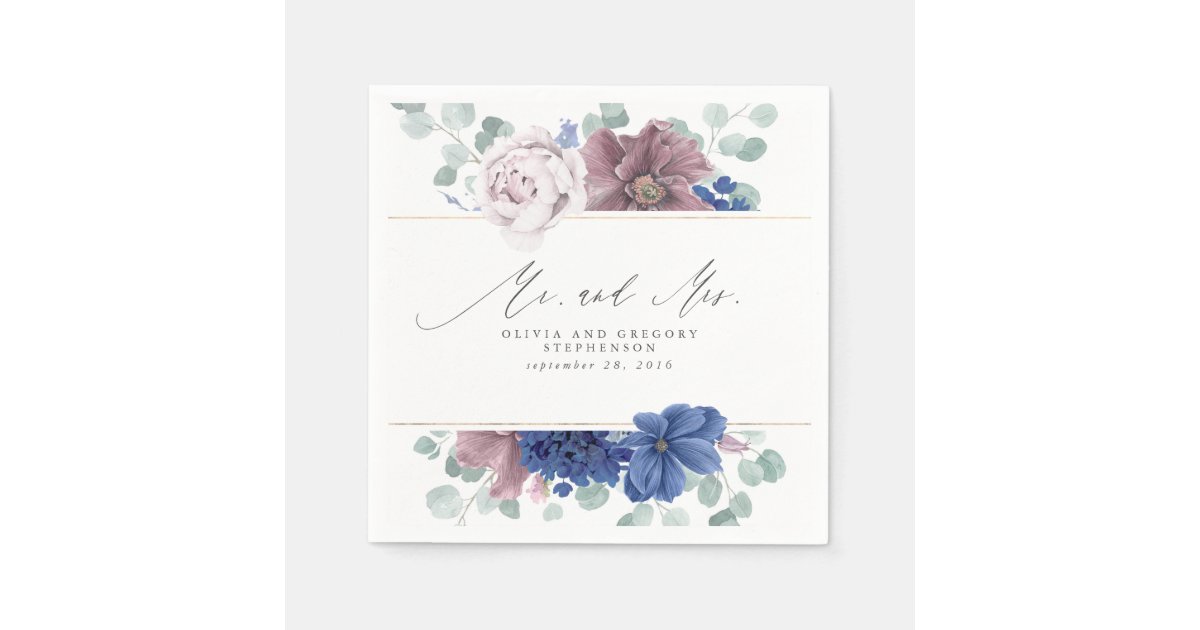 Mauve and Navy Blue Floral Botanical Mr and Mrs Napkins | Zazzle