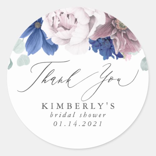 Mauve and Navy Blue Floral Thank You Classic Round Sticker