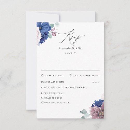 Mauve and Navy Blue Floral Wedding RSVP