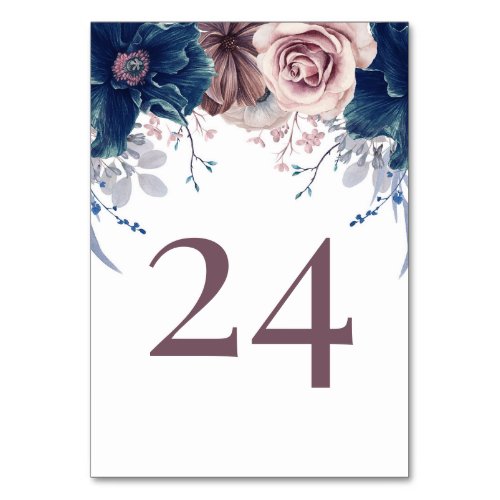 Mauve and Navy Blue Floral Wedding Table Number