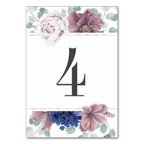 Mauve and Navy Blue Floral Wedding Table Number