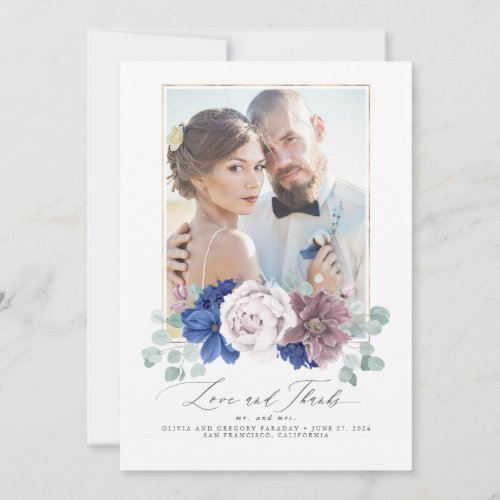 Mauve and Navy Blue Floral Wedding Thank You Card