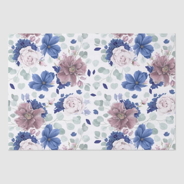 Mauve and Navy Blue Flowers Botanical Elegant Tissue Paper (Front)