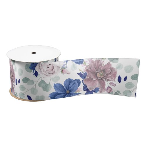 Mauve and Navy Blue Flowers Botanical Satin Ribbon