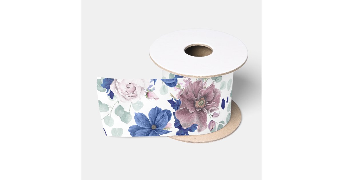 Mauve and Navy Blue Flowers Botanical Satin Ribbon | Zazzle