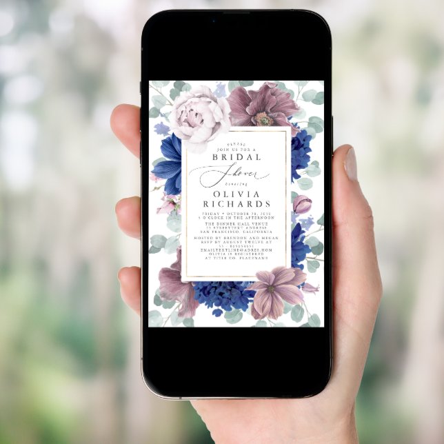 Mauve and Navy Blue Flowers Elegant Bridal Shower Invitation (Front Digital)