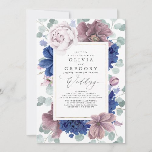 Mauve and Navy Blue Flowers Elegant Wedding Invitation