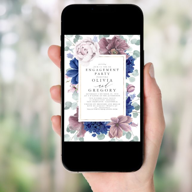 Mauve and Navy Blue Flowers Engagement Party Invitation (Front Digital)