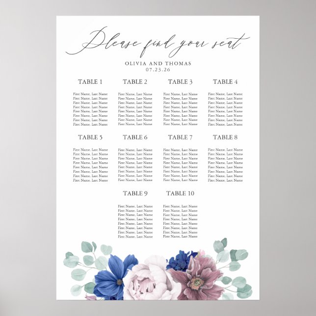 Mauve and Navy Blue Flowers Wedding Seating Chart (Front)