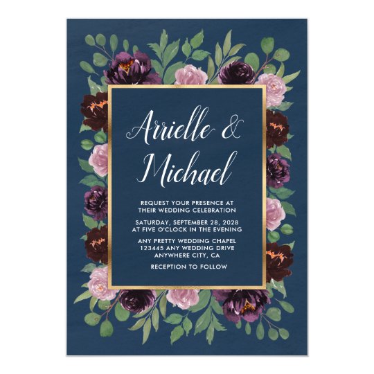Mauve and Navy Blue Gold Plum Wedding Invitations | Zazzle.com