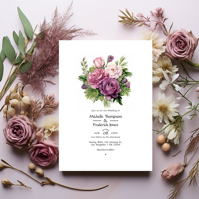 Mauve and Pine Green Floral Summer Wedding Invitation (Creator Uploaded)