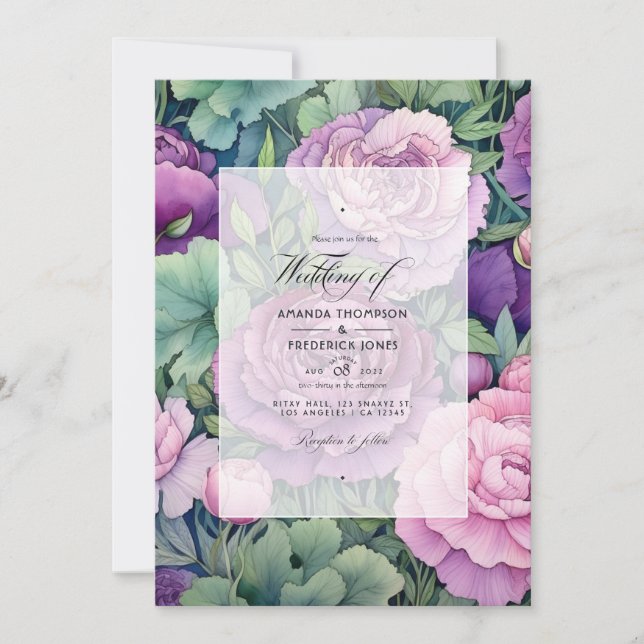 Mauve and Pine Green Floral Summer Wedding Invitation (Front)