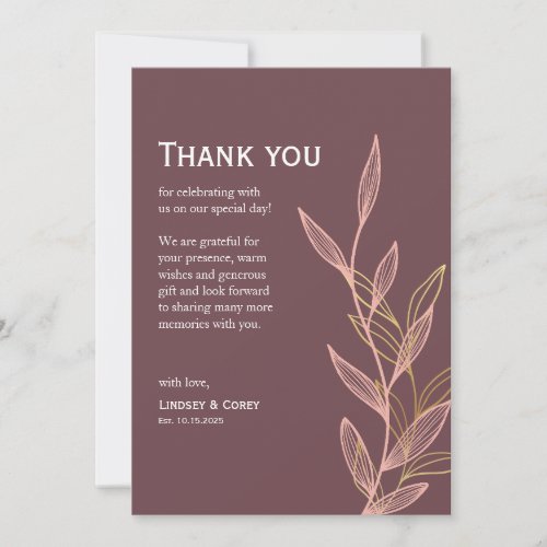 Mauve and Pink Leaf Thank You Card for Wedding