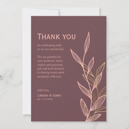 Mauve and Pink Leaf Thank You Card for Wedding 1