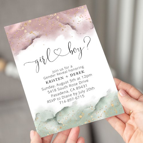 Mauve and Sage Green Watercolor Gender Reveal  Invitation