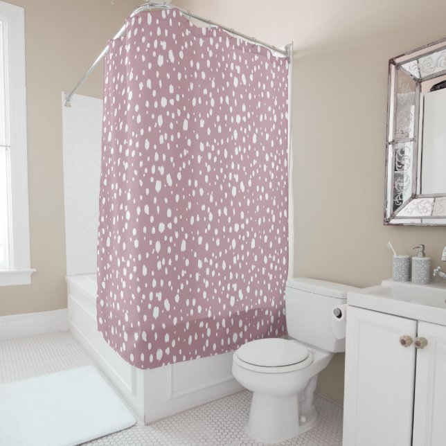 Mauve and White Abstract Dots Shower Curtain (In Situ)