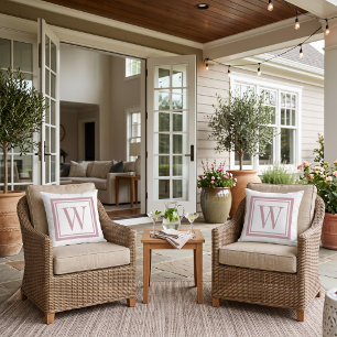 Mauve and White Classic Square Monogram Outdoor Pillow
