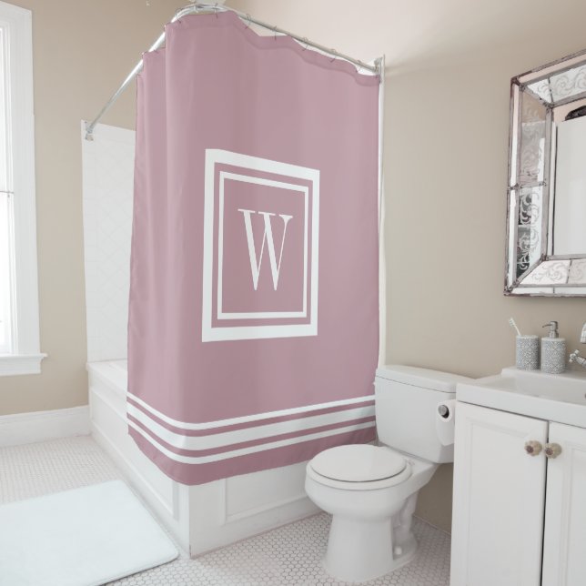 Mauve and White Classic Square Monogram Shower Curtain (In Situ)